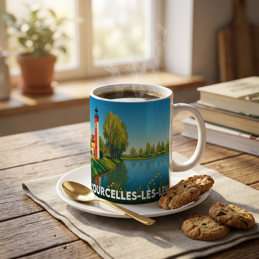 Mug souvenir de la ville de Courcelles-lès-Lens avec une illustration stylisée d'un paysage côtier.