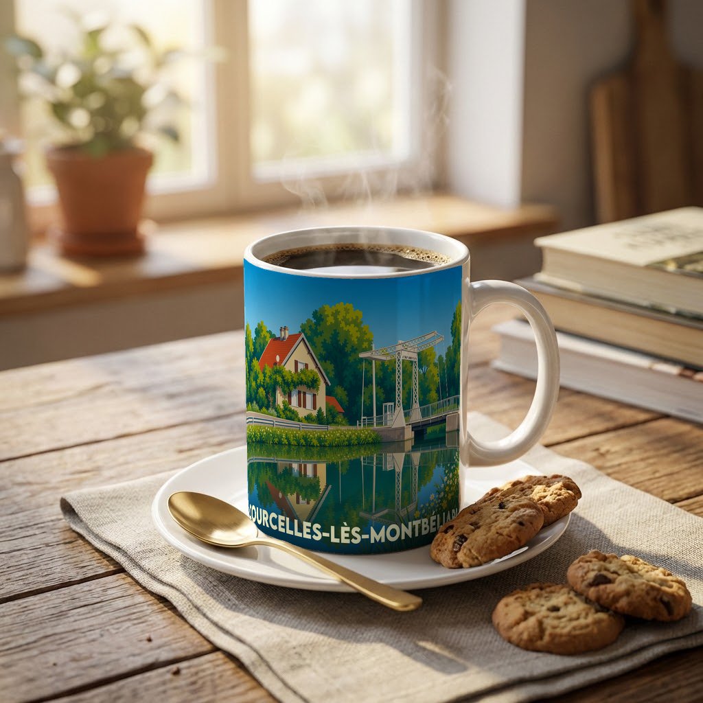 Mug souvenir de la ville de Courcelles-lès-Montbéliard avec une illustration stylisée d'une maison et d'un pont au bord de l'eau.