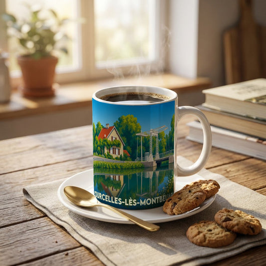 Mug souvenir de la ville de Courcelles-lès-Montbéliard avec une illustration stylisée d'une maison et d'un pont au bord de l'eau.