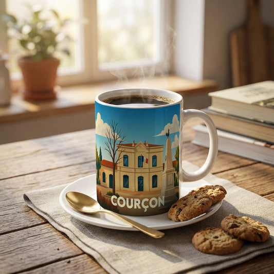 Mug souvenir de la ville de Courçon avec une illustration stylisée de sa mairie et de son monument.