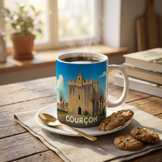 Mug souvenir de la ville de Courçon orné d'une illustration stylisée de son église fortifiée.