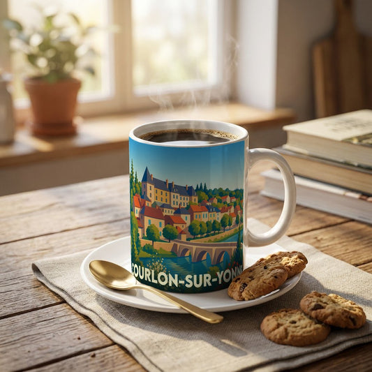 Mug souvenir de la ville de Courlon-sur-Yonne avec une illustration colorée et stylisée représentant son paysage urbain.