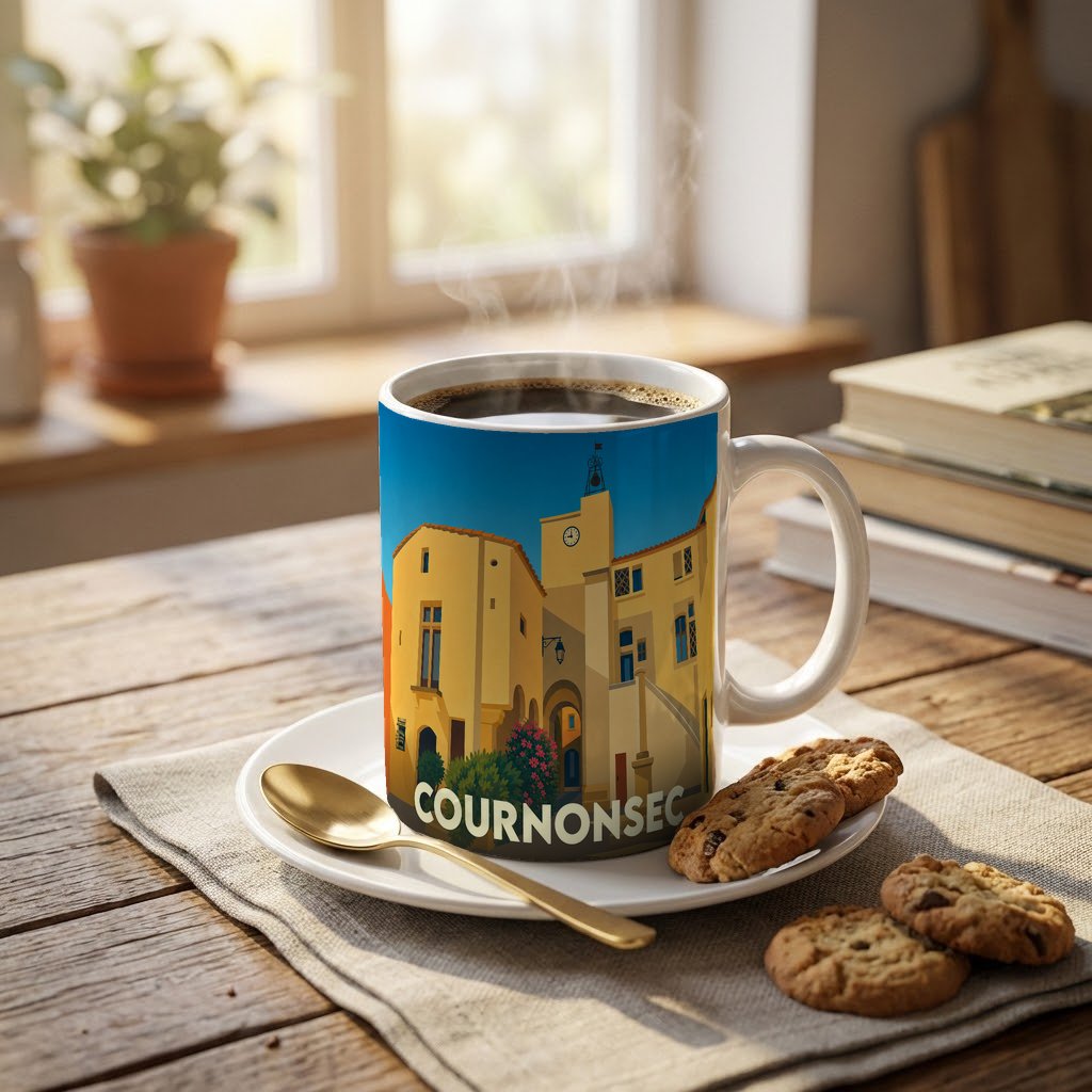 Mug souvenir de la ville de Cournonsec orné d'une illustration stylisée de son architecture provençale.