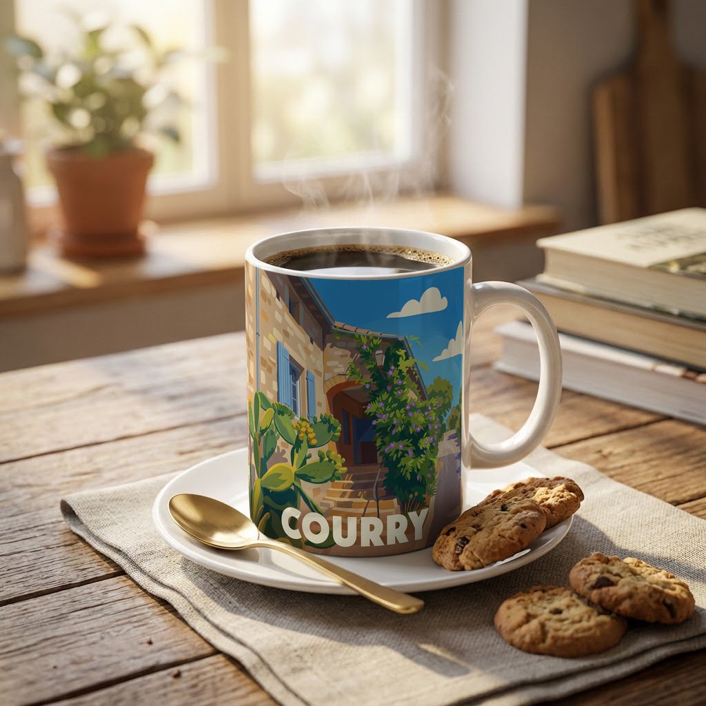Mug souvenir de la ville de Courry avec une illustration stylisée.