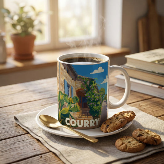 Mug souvenir de la ville de Courry avec une illustration stylisée.