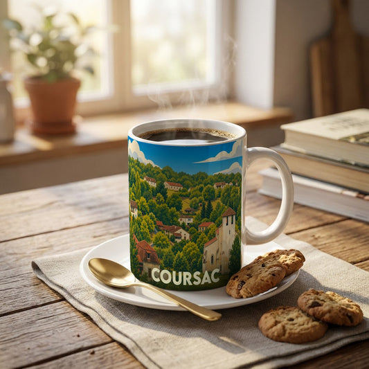 Mug souvenir de la ville de Coursac illustré d'un paysage de village pittoresque.