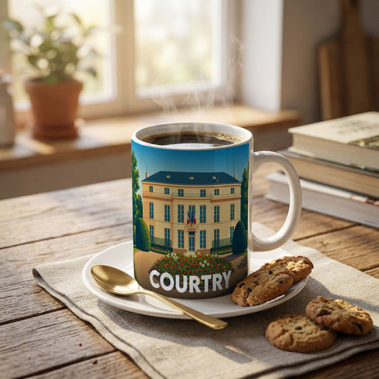 Mug souvenir de la ville de Courtry avec une illustration stylisée de son hôtel de ville.