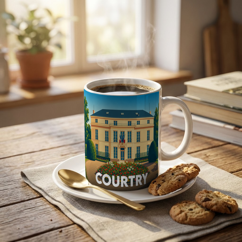 Mug souvenir de la ville de Courtry avec une illustration stylisée de son hôtel de ville.