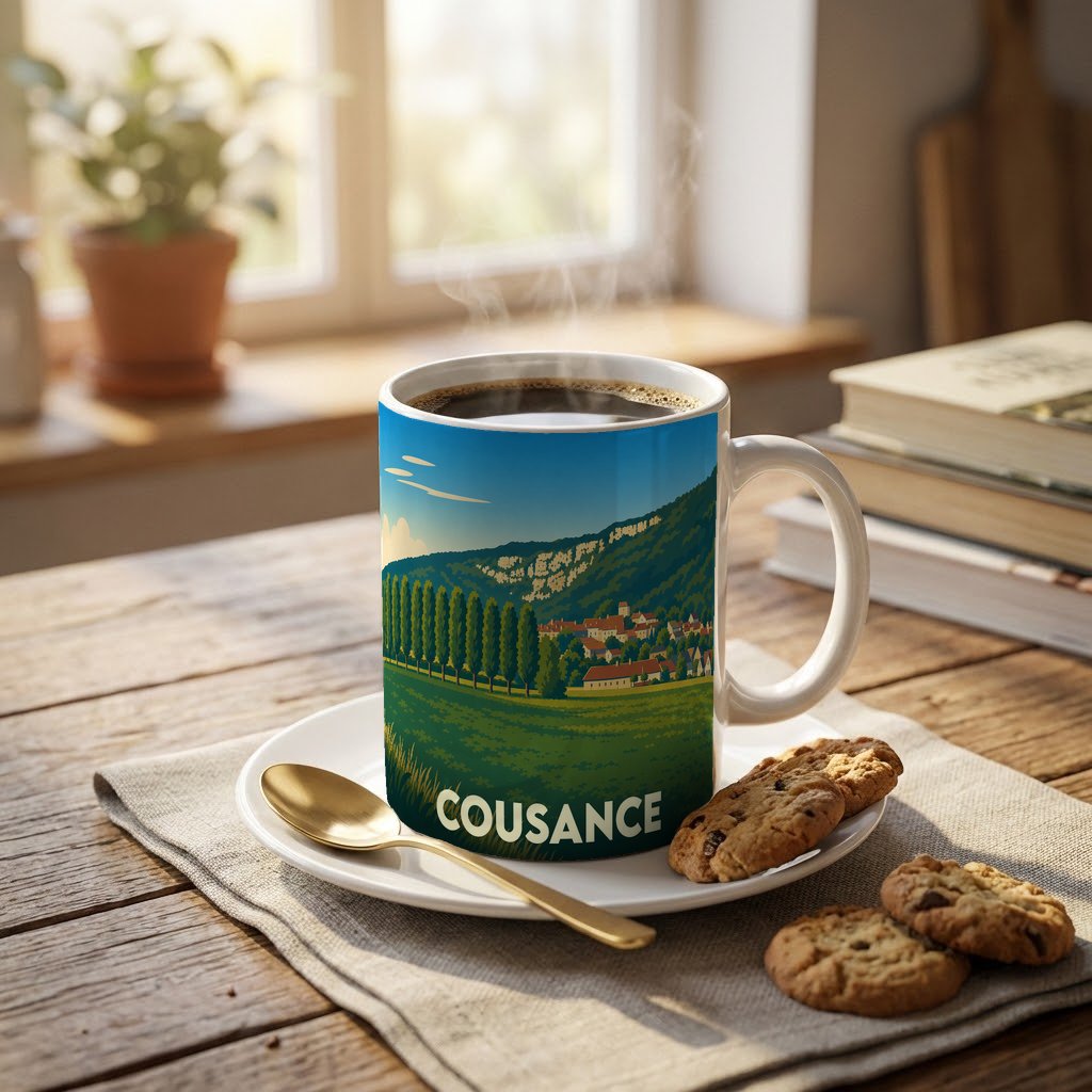Mug souvenir de la ville de Cousance avec une illustration stylisée de son paysage vallonné.