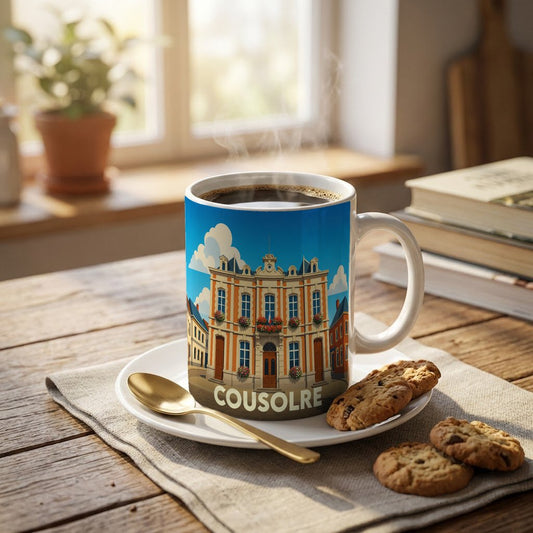 Mug souvenir de la ville de Cousolre illustré d'un dessin stylisé de son hôtel de ville.