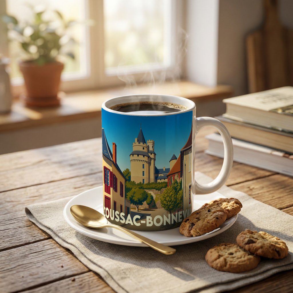 Mug souvenir de la ville de Coussac-Bonneval avec une illustration stylisée du château et des maisons.