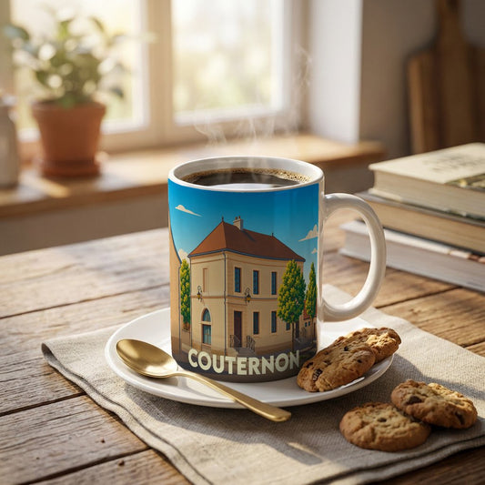 Mug souvenir de la ville de Couternon avec une illustration stylisée d'un bâtiment historique.