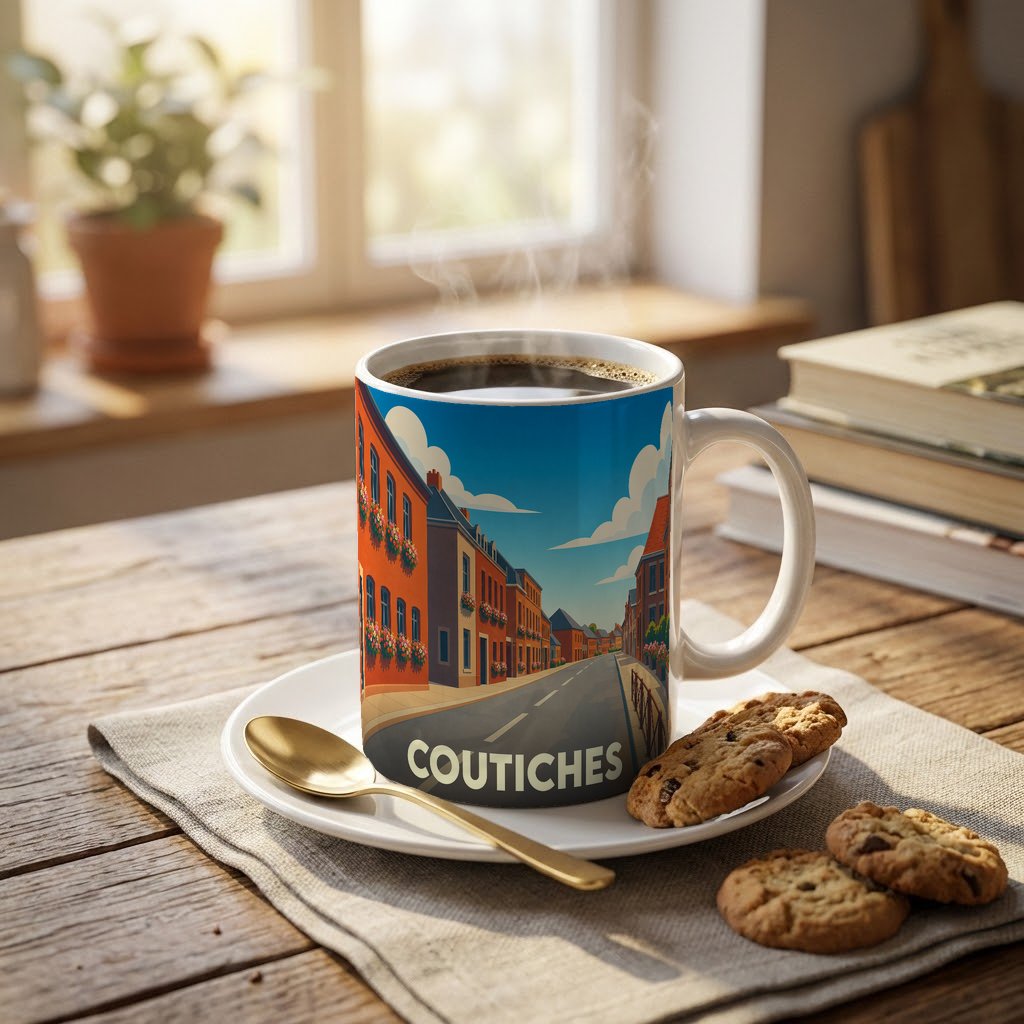 Mug souvenir de la ville de Coutiches avec une illustration stylisée d'une rue fleurie.