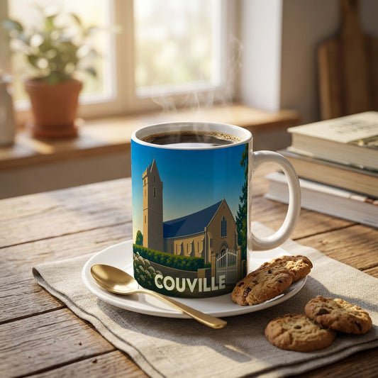 Mug souvenir de la ville de Couville orné d'une illustration stylisée de son église.