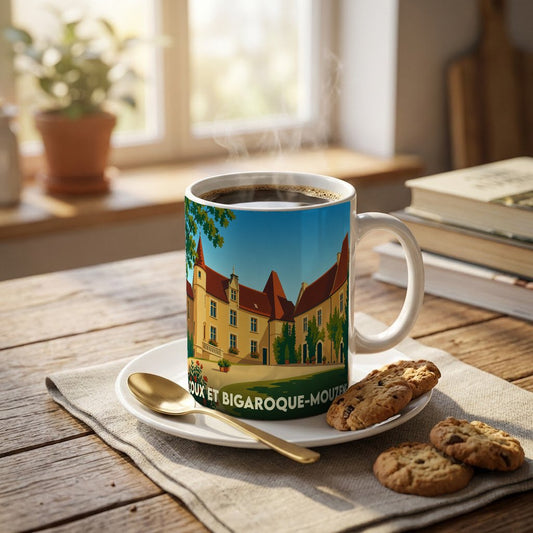 Mug souvenir de la ville de Coux et Bigaroque-Mouzens illustré d'un château stylisé.