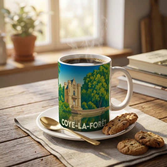 Mug souvenir de la ville de Coye-la-Forêt illustré d'un château au bord de l'eau.