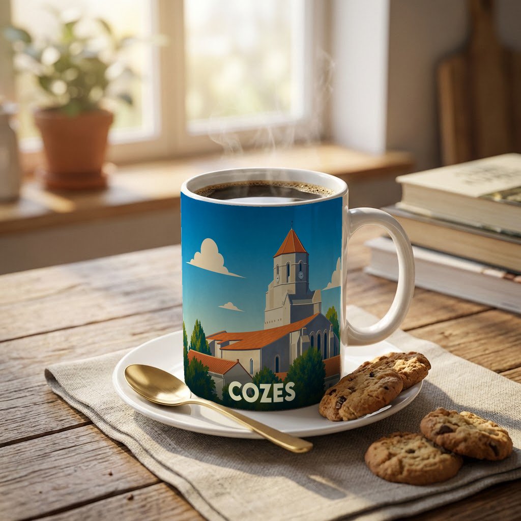 Mug souvenir de la ville de Cozes avec une illustration stylisée de son église et de ses toits.