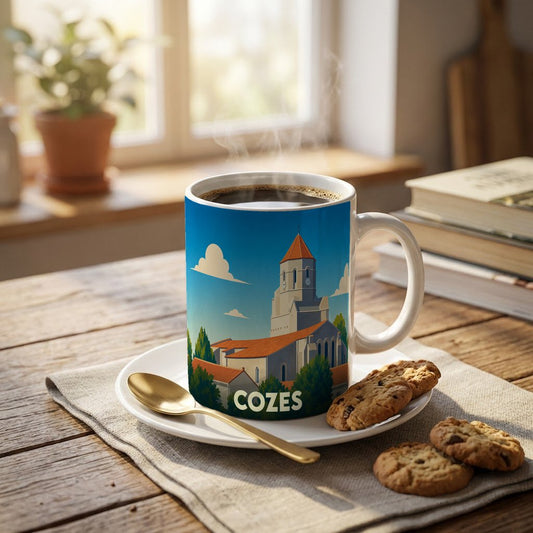 Mug souvenir de la ville de Cozes avec une illustration stylisée de son église et de ses toits.