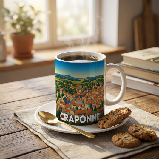 Mug souvenir de la ville de Craponne avec une illustration stylisée de son paysage.