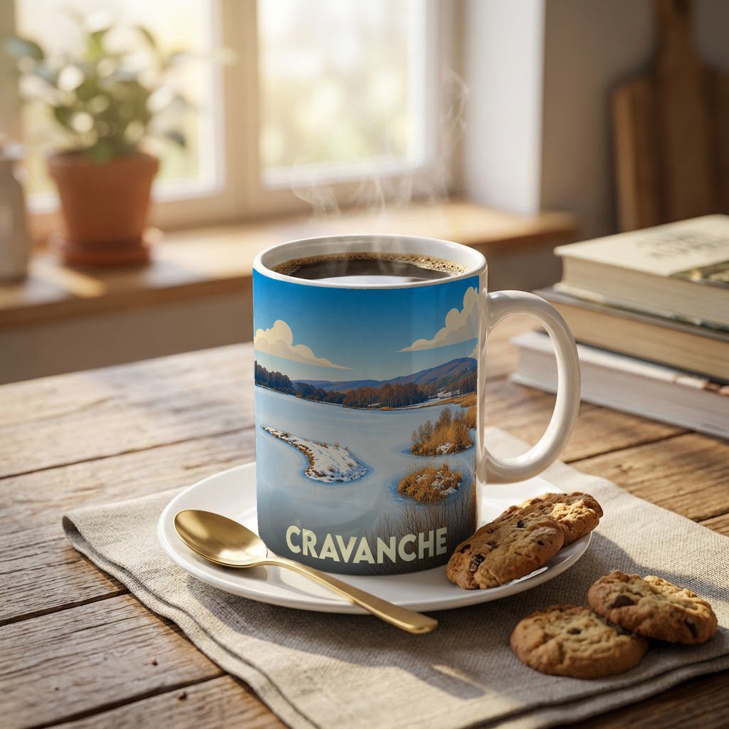 Mug souvenir de la ville de Cravanche avec une illustration hivernale stylisée.