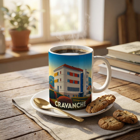 Mug souvenir de la ville de Cravanche avec une illustration stylisée d'un bâtiment emblématique.
