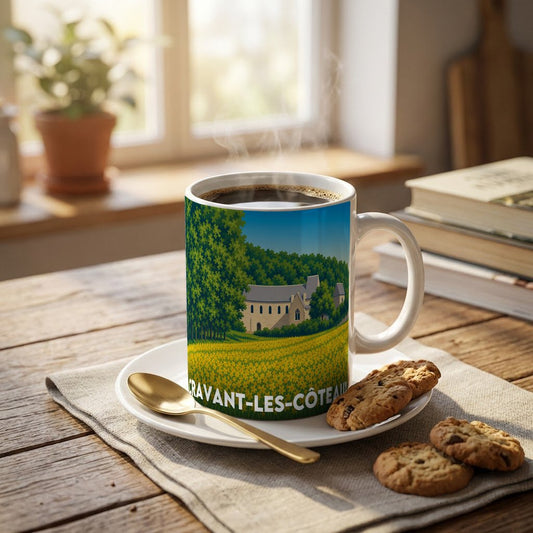 Mug souvenir de la ville de Cravant-les-Côteaux avec une illustration stylisée.