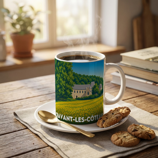 Mug souvenir de la ville de Cravant-les-Côteaux avec une illustration stylisée.