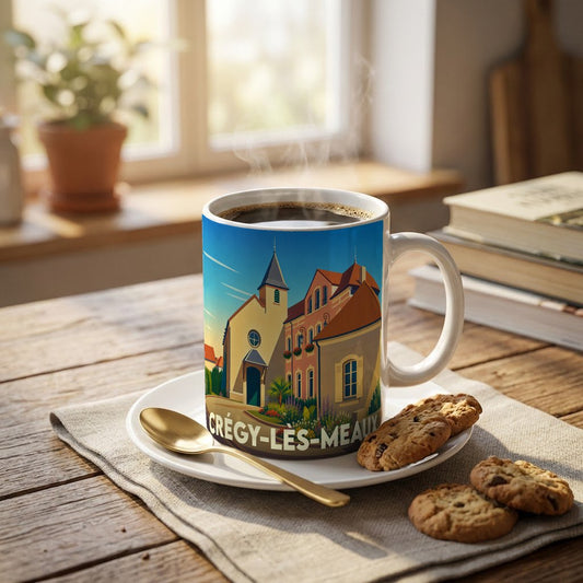 Mug souvenir de la ville de Crégy-lès-Meaux avec une illustration stylisée de son église et de ses bâtiments.