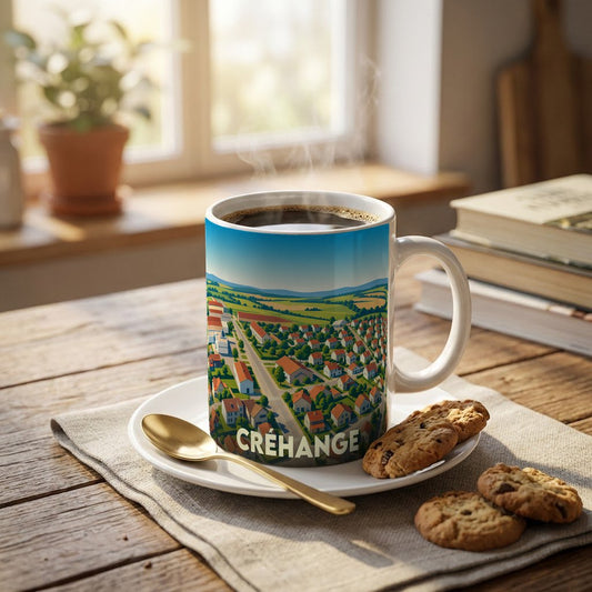 Mug souvenir de la ville de Créhange avec une illustration colorée et stylisée de ses paysages.