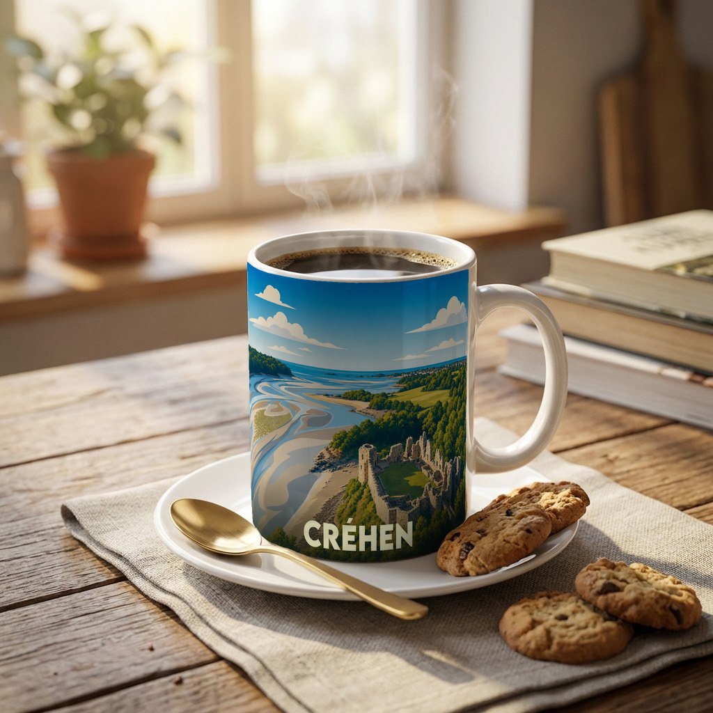 Mug souvenir de la ville de Créhen avec une illustration stylisée de son château et de son littoral.