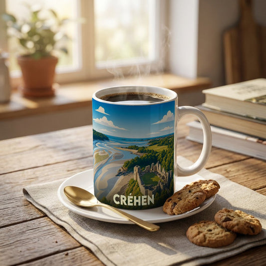 Mug souvenir de la ville de Créhen avec une illustration stylisée de son château et de son littoral.