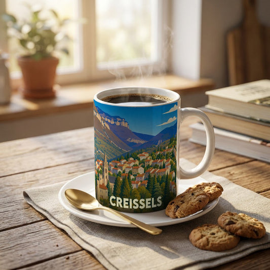Mug souvenir de la ville de Creissels avec une illustration stylisée d'un village de montagne.