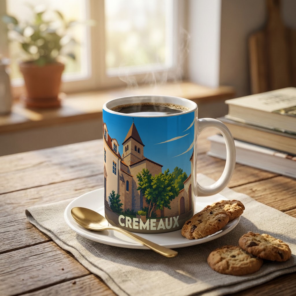 Mug souvenir de la ville de Cremeaux orné d'une illustration stylisée de son architecture.