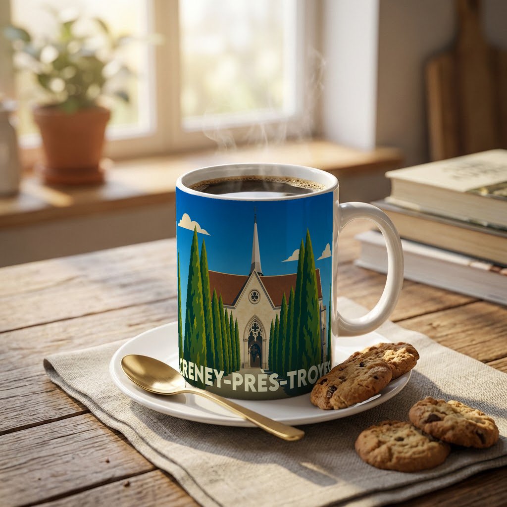 Mug souvenir de la ville de Creney-près-Troyes avec une illustration stylisée d'église.