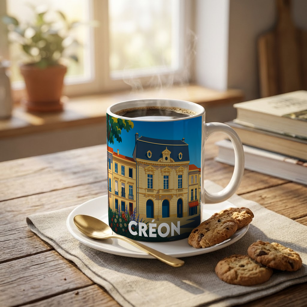 Mug souvenir de la ville de Créon avec une illustration stylisée de son architecture.