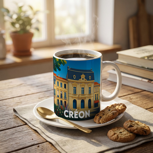 Mug souvenir de la ville de Créon avec une illustration stylisée de son architecture.