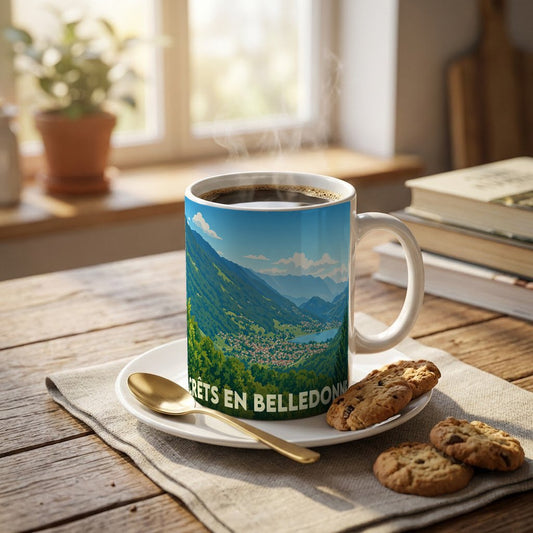 Mug souvenir de la ville de Crêts en Belledonne avec une illustration de paysage montagneux.