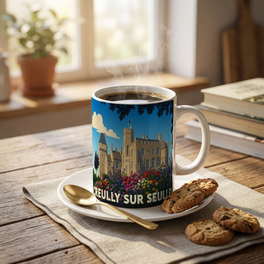 Mug souvenir de la ville de Creully sur Seulles avec une illustration stylisée de son château.