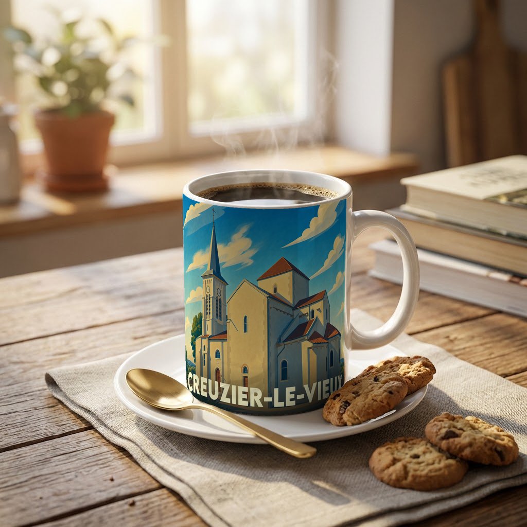 Mug souvenir de la ville de Creuzier-le-Vieux illustré d'une église sous un ciel bleu.
