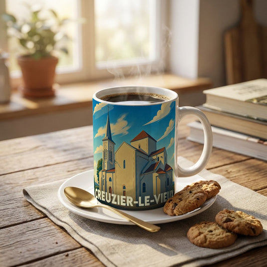 Mug souvenir de la ville de Creuzier-le-Vieux illustré d'une église sous un ciel bleu.