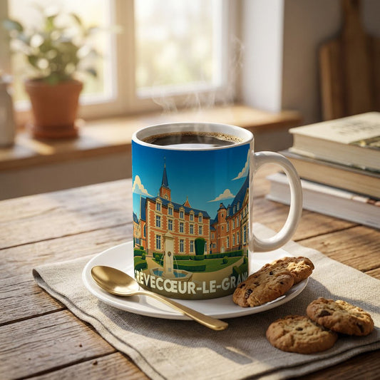 Mug souvenir de la ville de Crèvecœur-le-Grand avec une illustration stylisée de son château.