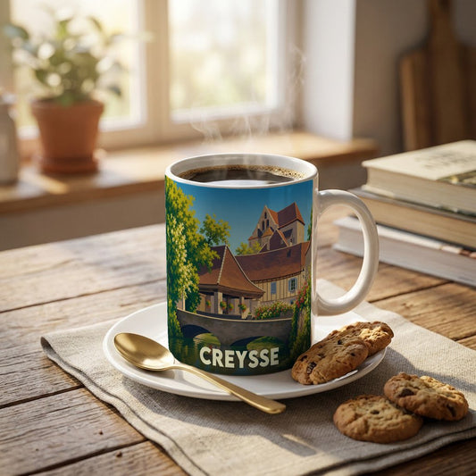 Mug souvenir de la ville de Creysse orné d'une illustration stylisée de ses maisons et de son vieux pont.