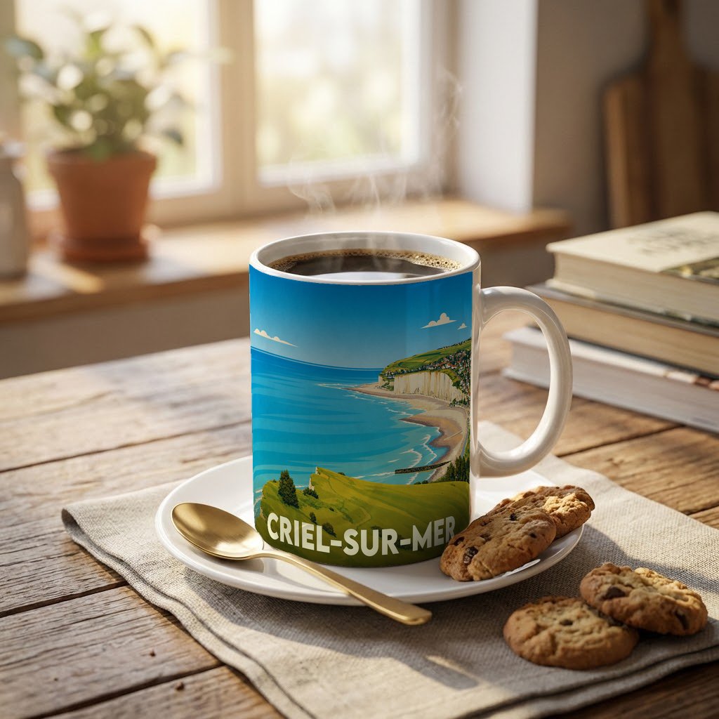 Mug souvenir de la ville de Criel-sur-Mer illustré d'un paysage côtier stylisé.