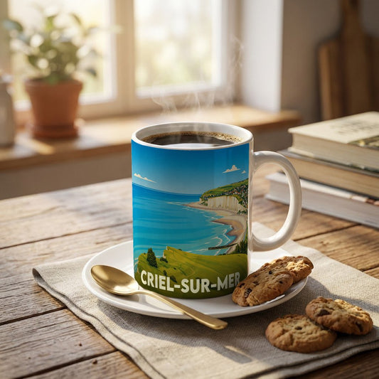 Mug souvenir de la ville de Criel-sur-Mer illustré d'un paysage côtier stylisé.