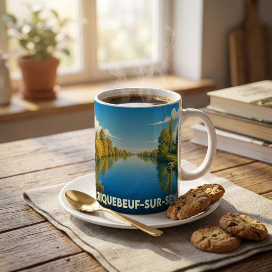 Mug souvenir de la ville de Criquebeuf-sur-Seine orné d'un paysage fluvial illustré de façon stylisée.