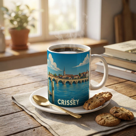 Mug souvenir de la ville de Crissey orné d'une illustration stylisée de son pont et de son église.
