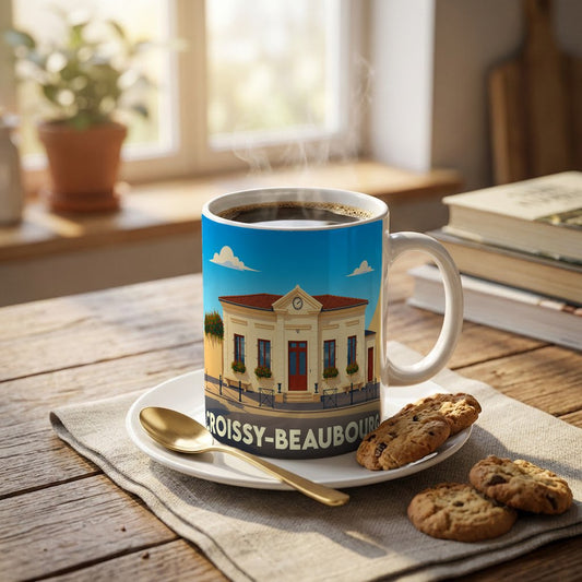 Mug souvenir de la ville de Croissy-Beaubourg avec une illustration stylisée de sa mairie.