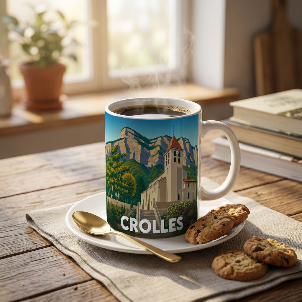 Mug souvenir de la ville de Crolles avec une illustration stylisée d'une église devant des montagnes.