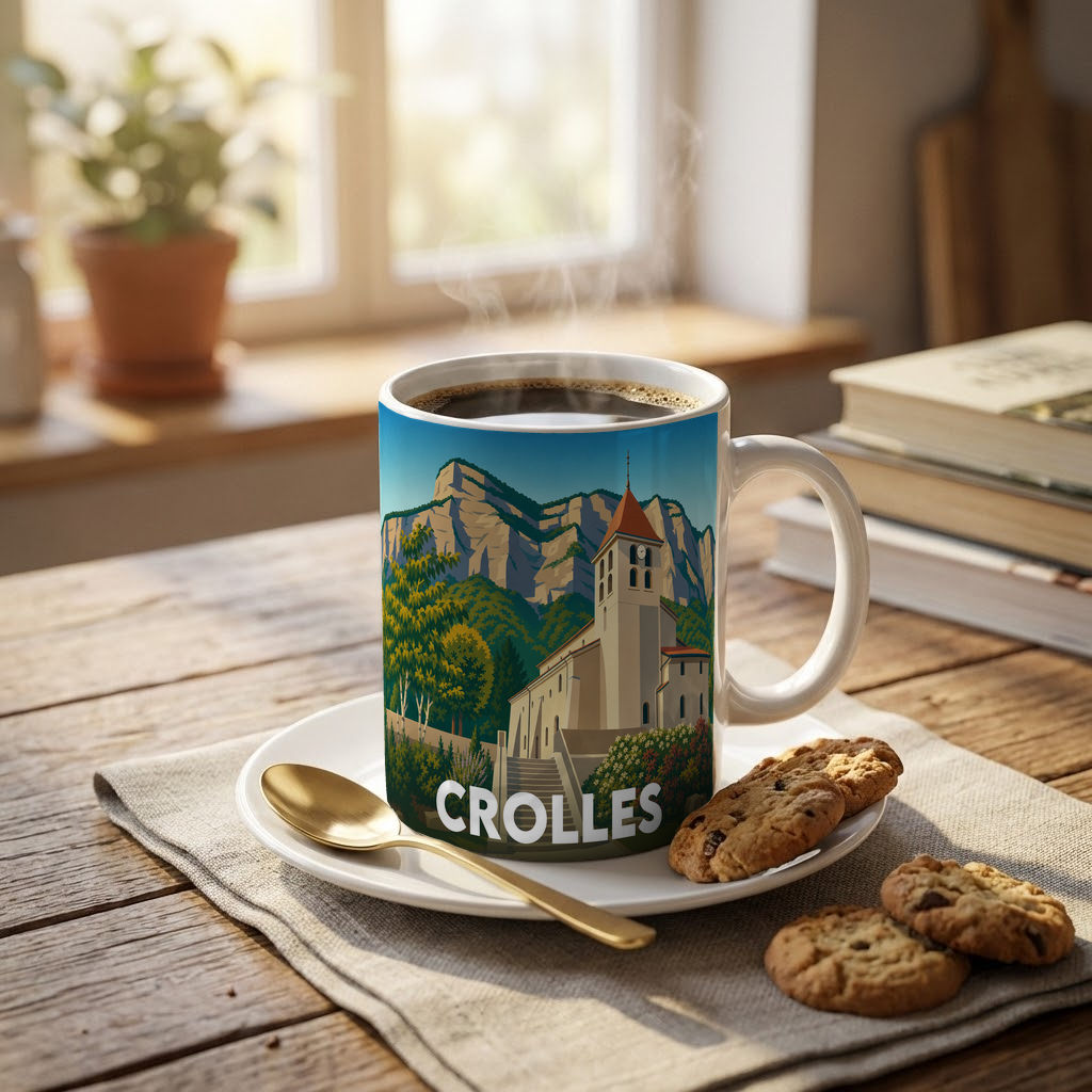 Mug souvenir de la ville de Crolles avec une illustration stylisée d'une église devant des montagnes.