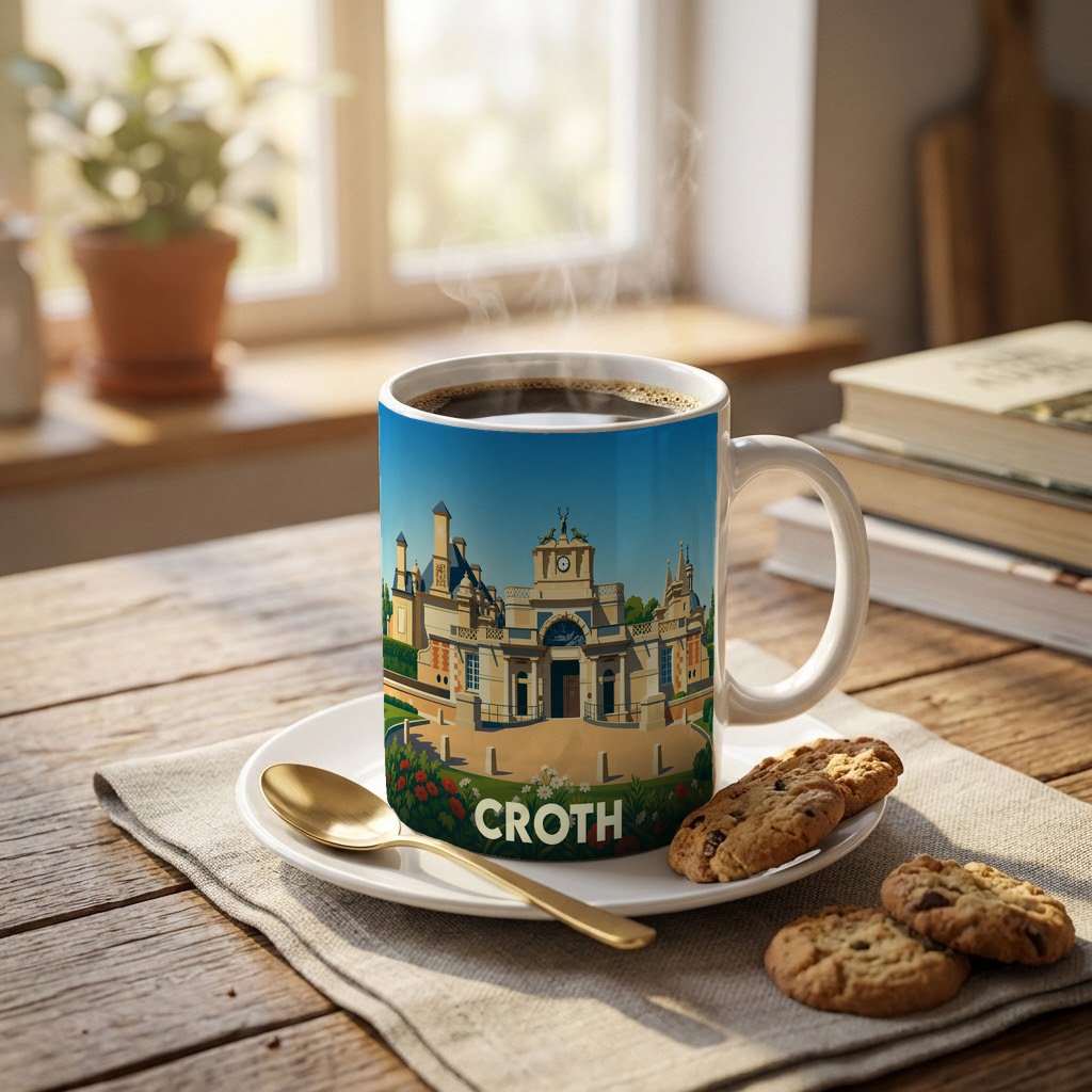 Mug souvenir de la ville de Croth avec une illustration stylisée d'un monument historique.